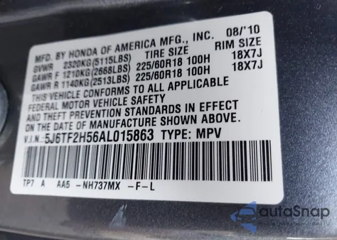 2010 Honda Accord Crosstour Ex-L из США, поврежденный, VIN 5J6TF2H56AL015863